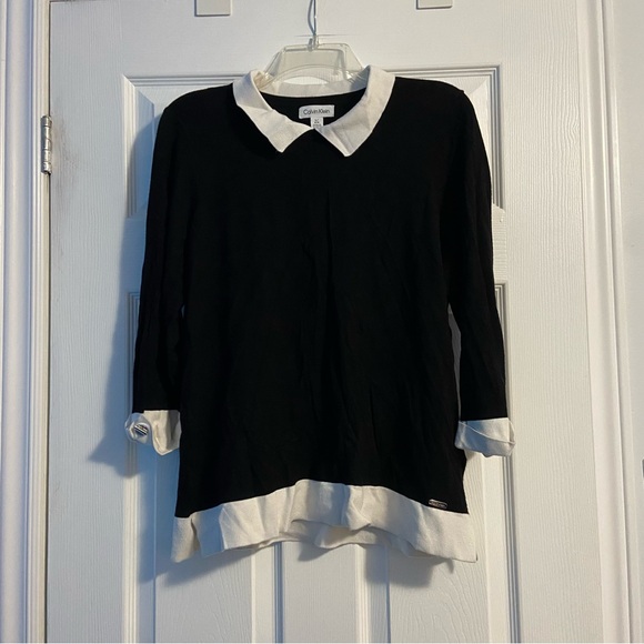 Calvin Klein Sweaters - Calvin Klein Women’s Black & Off-White 3/4 Sleeve Collared Sweater Size L